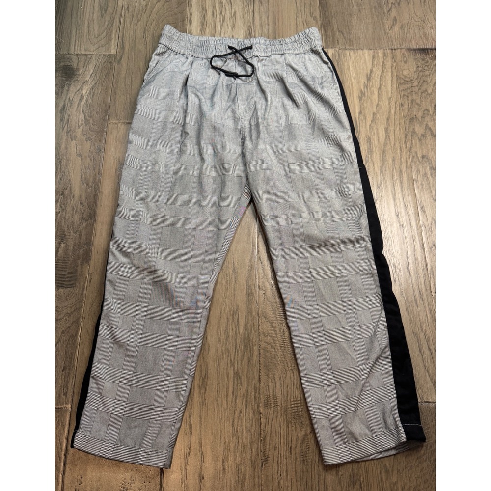 H&M Divided Mens Plaid Chino Pants Black Stripe Elastic Waist Drawstring Size 32